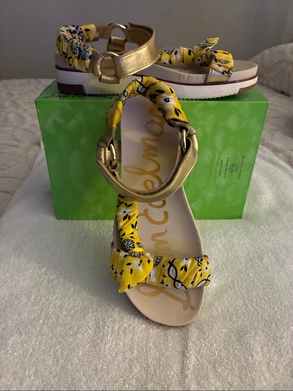 Sam Edelman Yellow Floral Knot Sandals with Gold Straps low wedge platform wedge